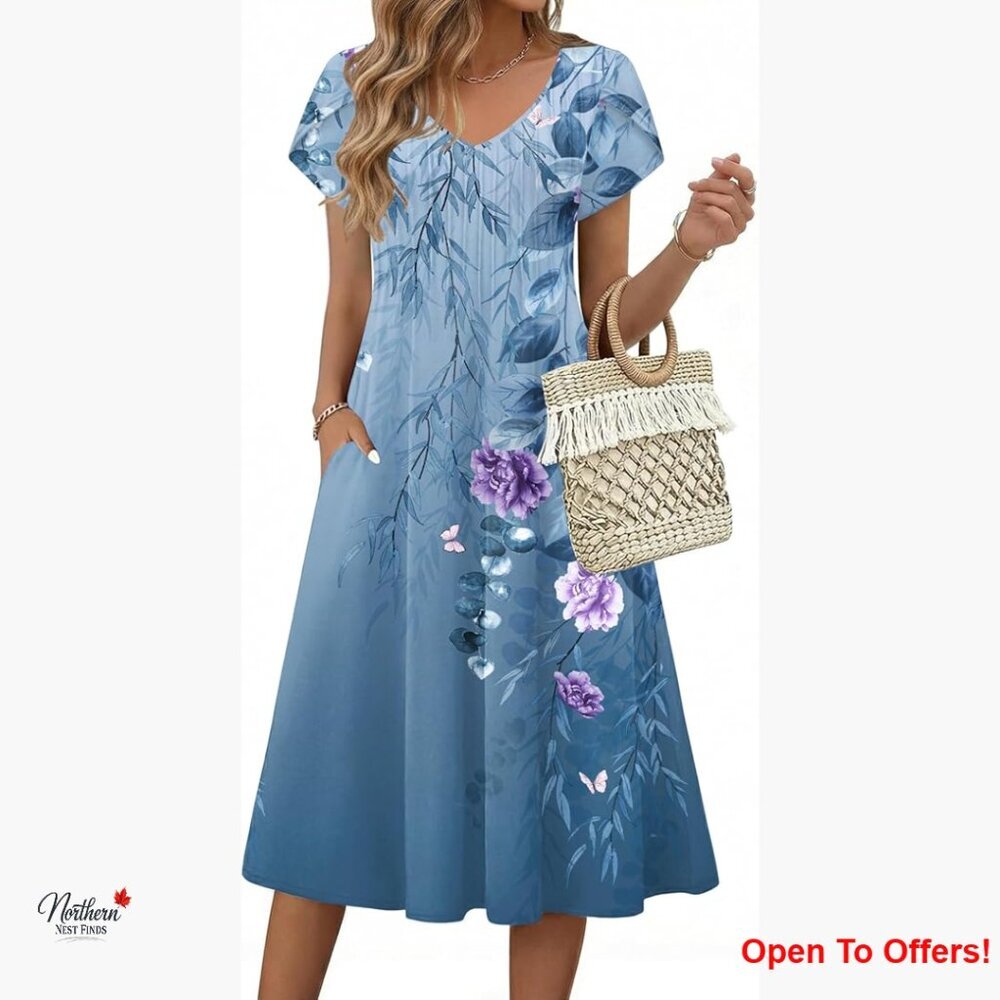 Polyester Blend Midi Dress with Pockets, V-Neck, Short Sleeve